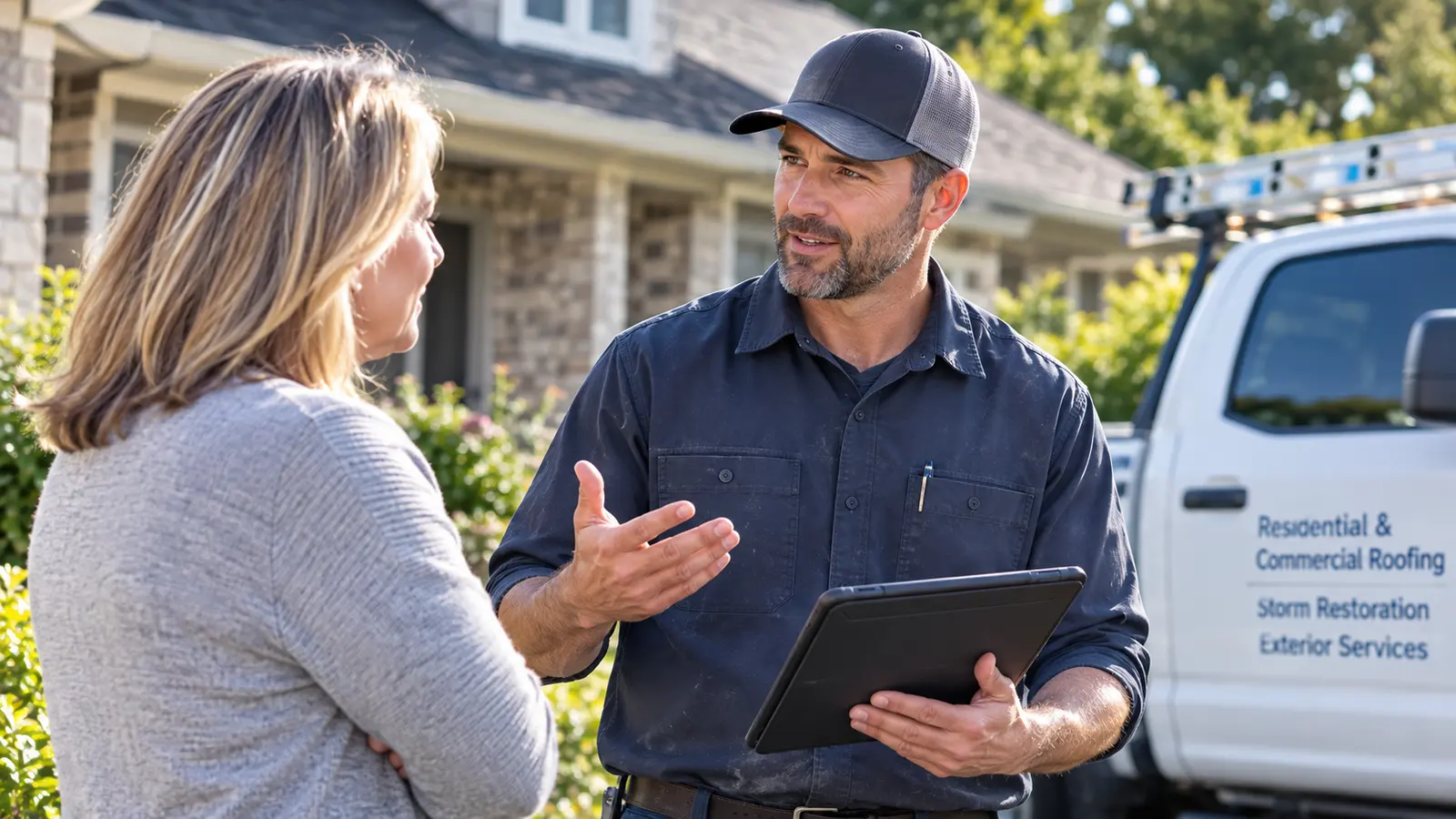 A service professional reviewing the job with a homeowner outside her house, with the company service vehicle parked nearby