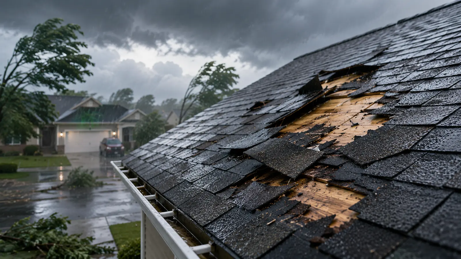 A storm-damaged roof during heavy rain — the kind of urgent situation that generates a phone call needing an answer